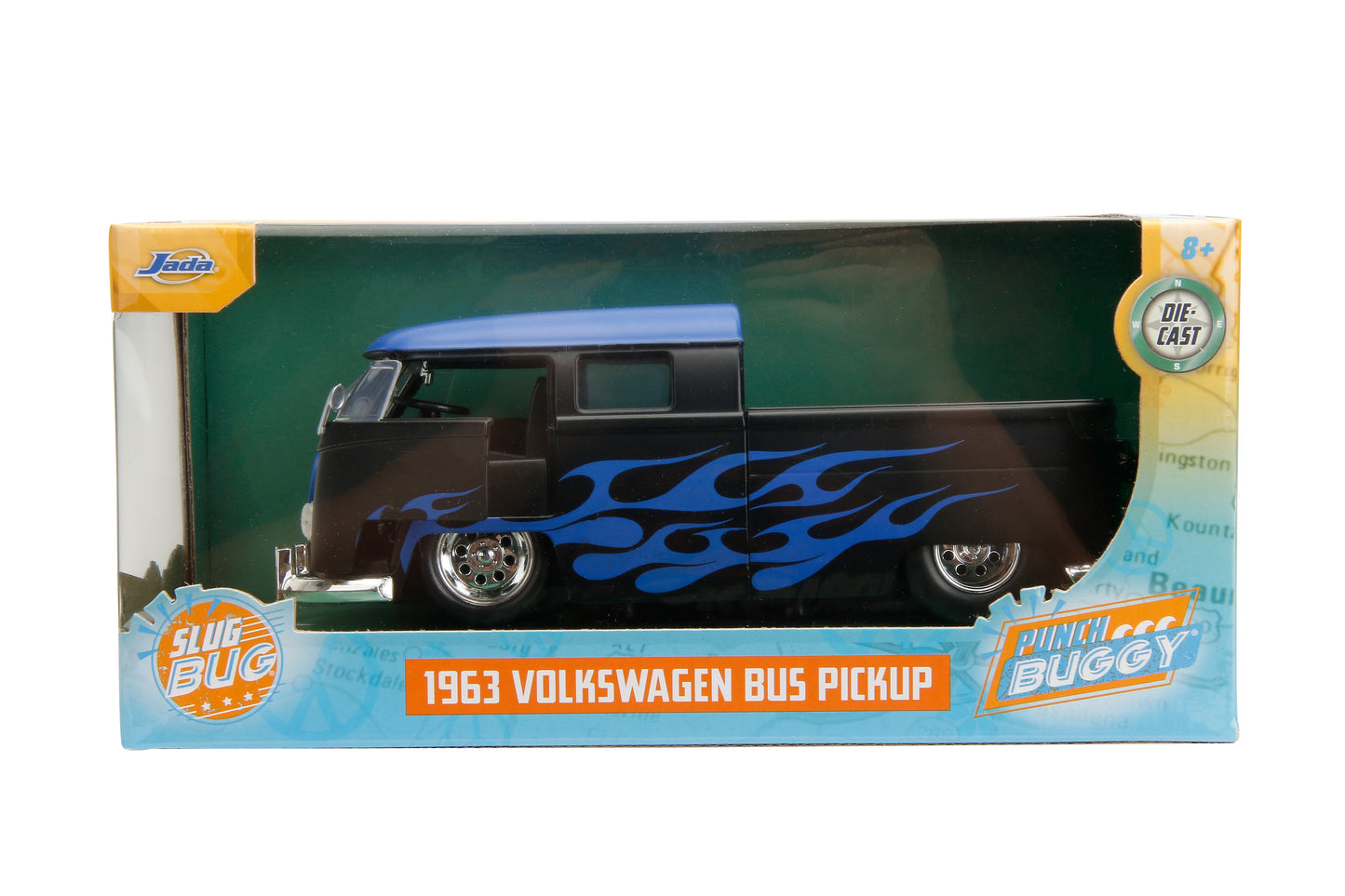 Punch Buggy Slug Bug 1:24 1963 Volkswagen Bus Pickup Die-Cast Car (Black/ Blue Flames) (This is a Pre Order)